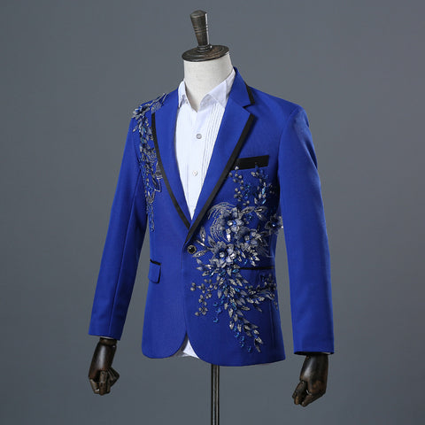 Crystal Embroidery Flowers Stage Singer Suit Jacket Bar Wedding Suit Jacket