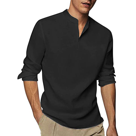 Casual Black Plain Cotton Long-sleeved Shirt