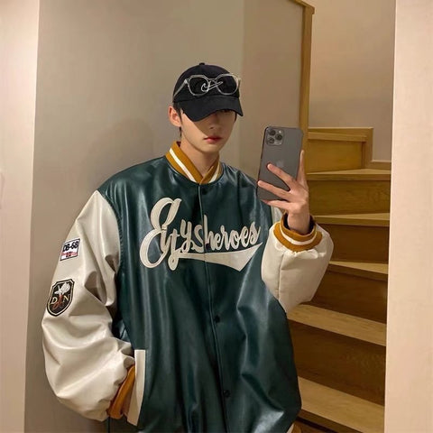 Fashion PU Leather Baseball Jacket Men