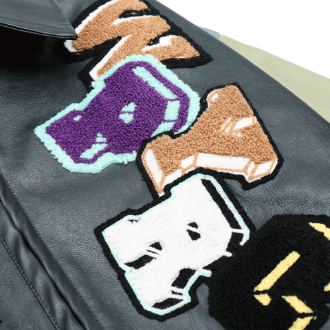 Cartoon Embroidery Contrast Color Stitching PU Leather Jacket Men's