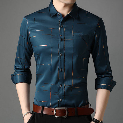 Slim Fit Men's Shirt Dress Long-sleeved Lapel Stripes