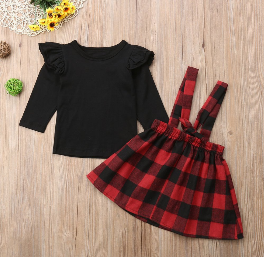 Foreign trade platform new size girls black long-sleeved plaid strap dress two-piece set factory wholesale