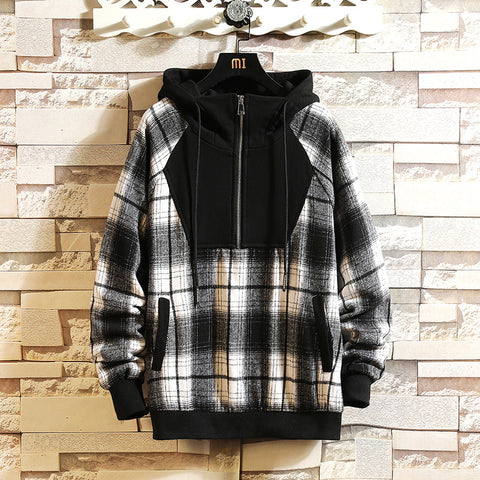 Japanese Trend Hooded High-Neck Plaid Stitching Sweater