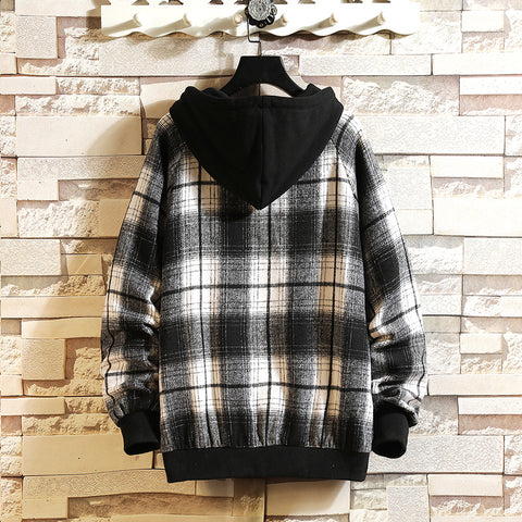 Japanese Trend Hooded High-Neck Plaid Stitching Sweater