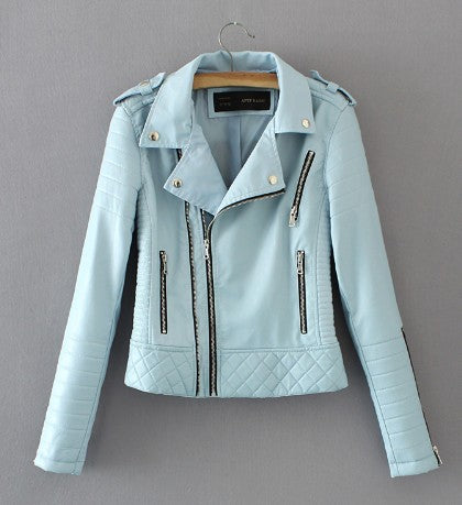 Fashion Women Spring Autumn Soft Faux Leather Jackets Lady Motorcyle Zippers Biker Blue Coats Black Outerwear Hot Sale