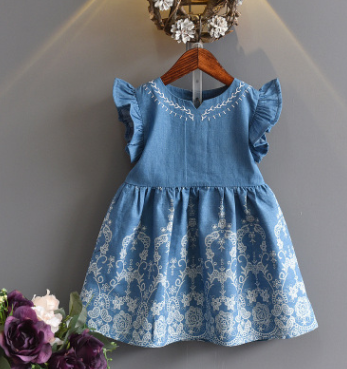 2021 Summer Korean Children's Wear Girls Cowboy Embroidered Solid Color Princess Dress