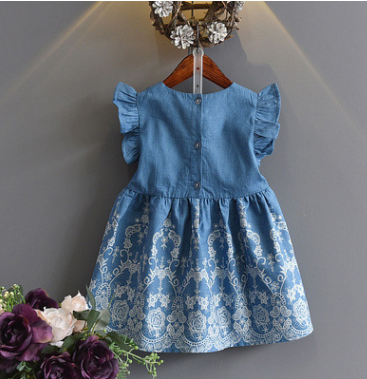 2021 Summer Korean Children's Wear Girls Cowboy Embroidered Solid Color Princess Dress