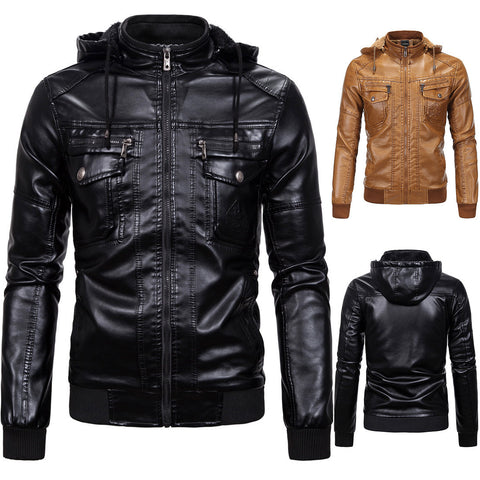 Fleece Warm Leather Jacket With Hooded Leather Jacket