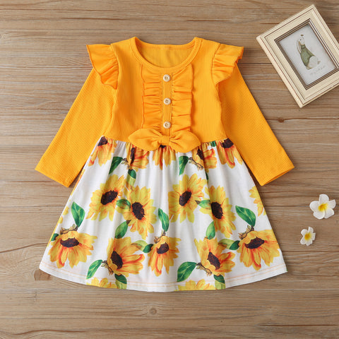 Children's Sunflower Pit Striped Long Sleeve Dress