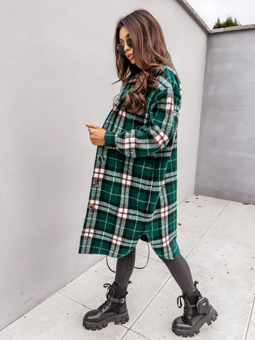 Button Lapel Casual Warm Plaid Long Woolen Coat