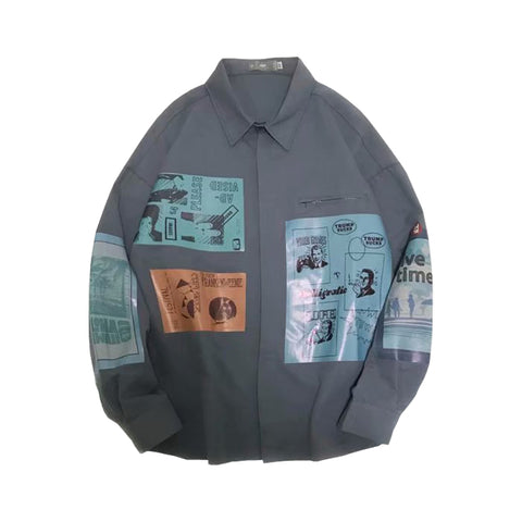 Contrasting Color Print Hip-Hop Jacket Student Handsome Shirt