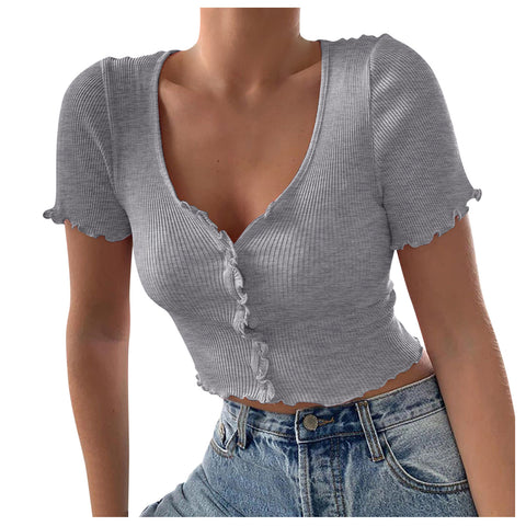 V Neck Ruffles Short Sleeve T Shirt Women Summer Casual Button Crop Top Basic Blue T Shirt Tops