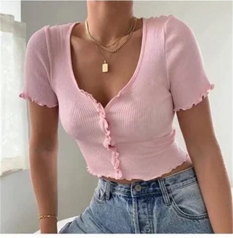 V Neck Ruffles Short Sleeve T Shirt Women Summer Casual Button Crop Top Basic Blue T Shirt Tops