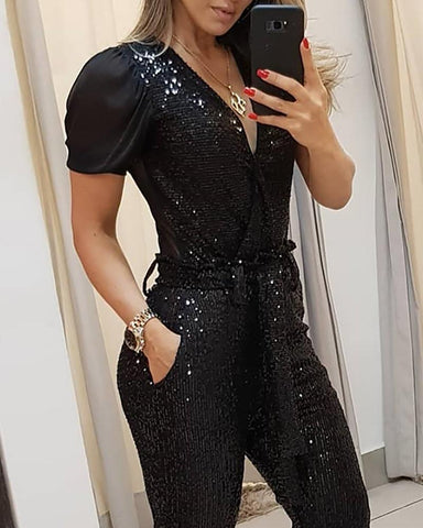 Deep V sequined jumpsuit