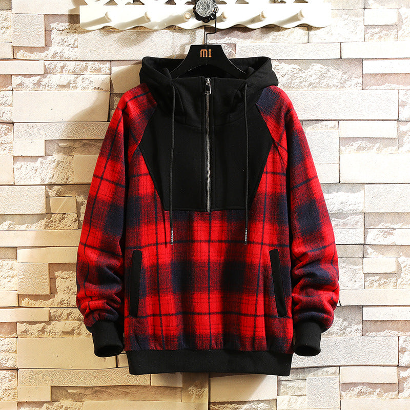 Japanese Trend Hooded High-Neck Plaid Stitching Sweater