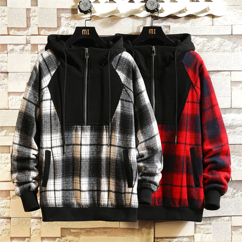 Japanese Trend Hooded High-Neck Plaid Stitching Sweater