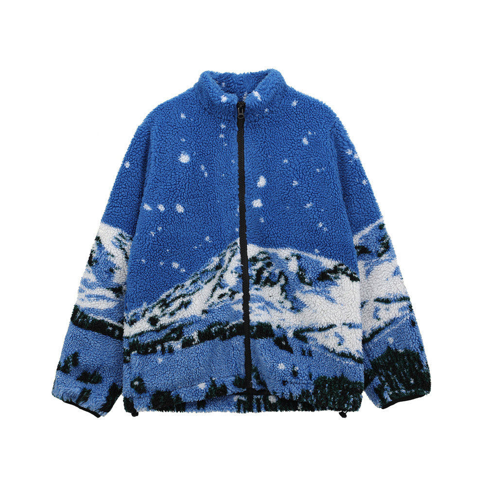 National tide landscape printed polar fleece padded jacket men