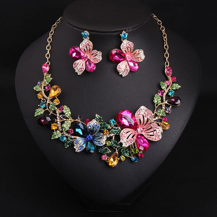 Europe and America luxury color flower crystal drill short clavicle Necklace Earrings Set women bride dinner dress ornaments