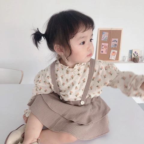 Baby Girl Clothes Spring Summer Linen Cotton Girls Floral Pullover Top Shirt Vintage Suspender Romper Dress Newborn Baby Outfits