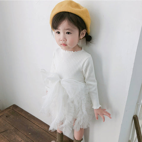 Autumn Baby Stitching Net Yarn Children's Skirt Bowknot Long-sleeved Knitted Dress