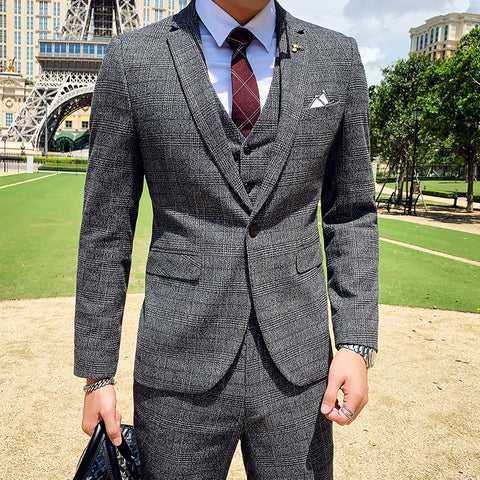 Plaid Korean Style Slim Men's Three-piece Suit