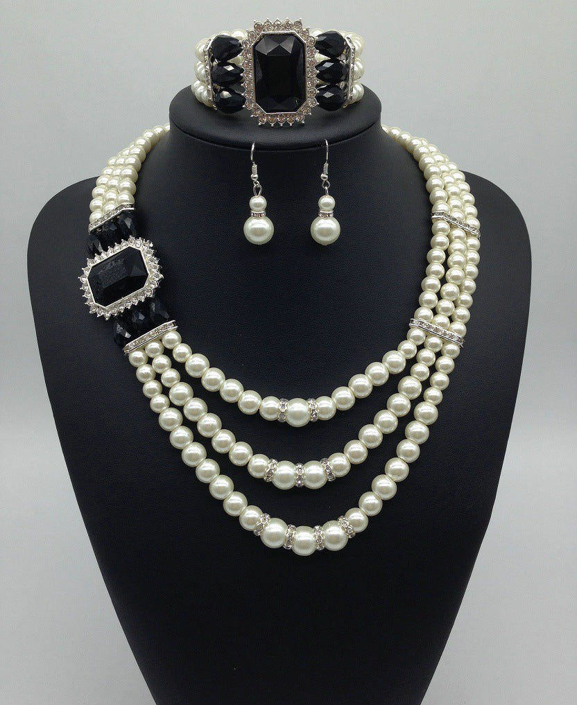 European fashion Diamond Gemstone Pearl Necklace Earrings Set multi bride chain bracelet three piece Necklace