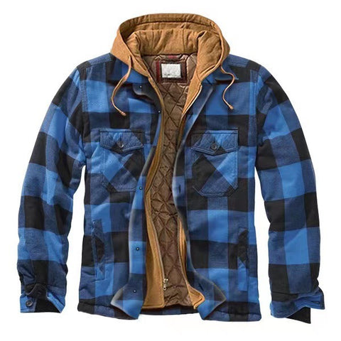 Cotton Men's Plaid Striped Loose Hooded Long-sleeved Coat Jacket