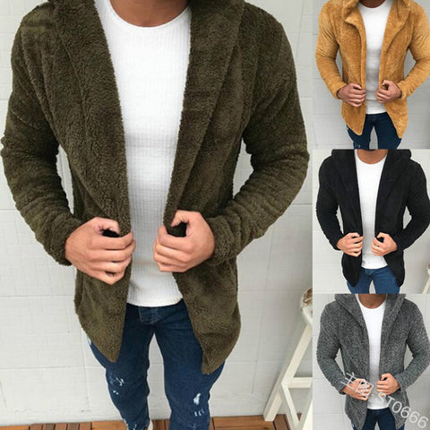 Casual Solid Color Long-sleeved Hooded Fluffy Jacket Men