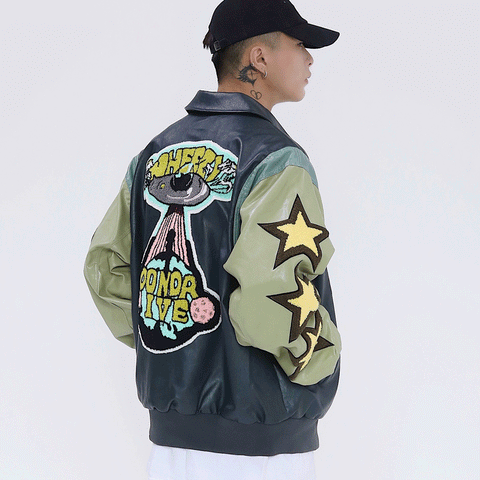 Cartoon Embroidery Contrast Color Stitching PU Leather Jacket Men's