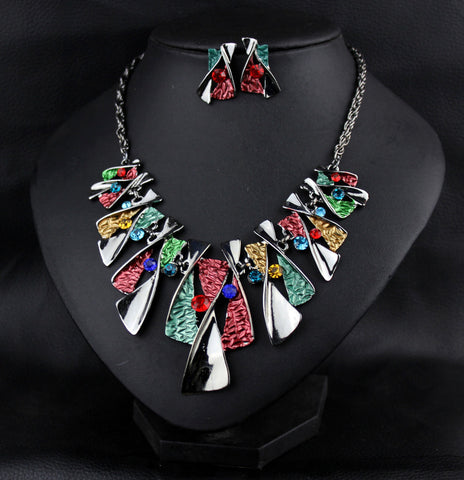 Metal Geometric Shape Rhinestone Earring Necklace