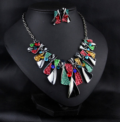 Metal Geometric Shape Rhinestone Earring Necklace