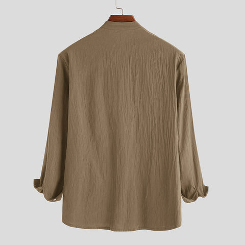 Casual Loose Solid Color Cotton And Linen Door Tube Jujube Long-sleeved Shirt