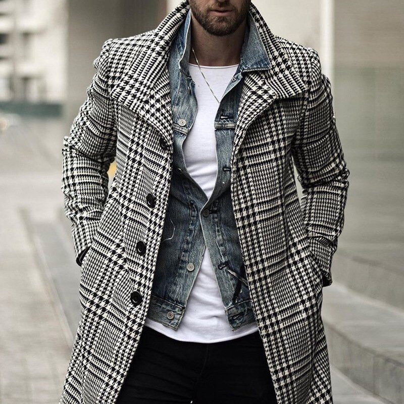 Fashion Casual Men's Herringbone Stand-up Collar Mid-length Woolen Trench Coat