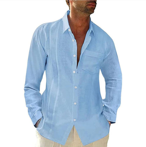 Pocket Lapel Fit Men's Long-sleeved Cotton And Linen Shirt