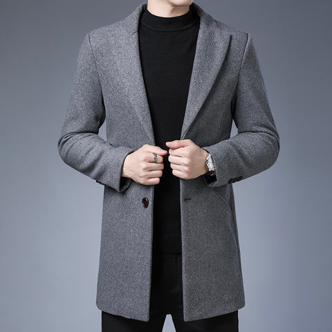 Handsome Men's Jacket With Wool Solid Color Lapel Collar