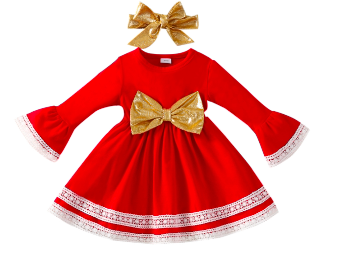 Baby Girls Red Dress Christmas Outfit Headband Bow