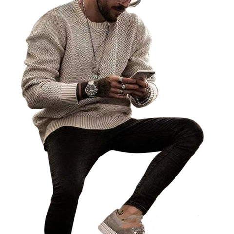 Men's Round Neck Loose-Fit Solid Color Fashion Sweater