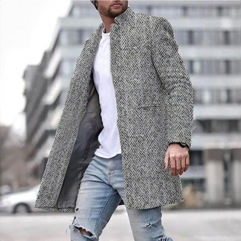 Fashion Casual Men's Herringbone Stand-up Collar Mid-length Woolen Trench Coat