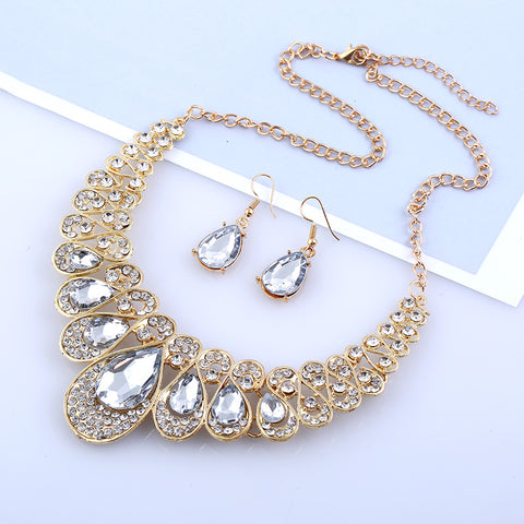 American jewelry fashion temperament Metal Necklace Earrings Set gem diamond drop bride accessories