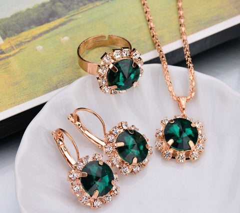 Europe and America fashion round crystal necklace earrings ring set hot jewelry jewelry wholesale jewelry wholesale