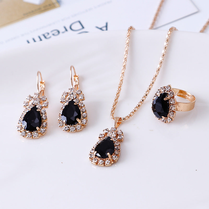 Water Drop Rhinestone Necklace Earrings Ring Set