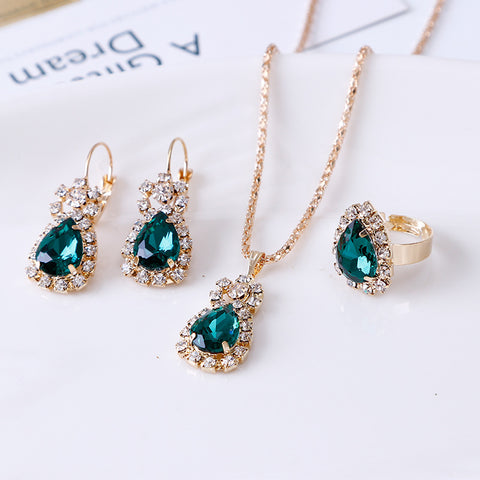 Water Drop Rhinestone Necklace Earrings Ring Set