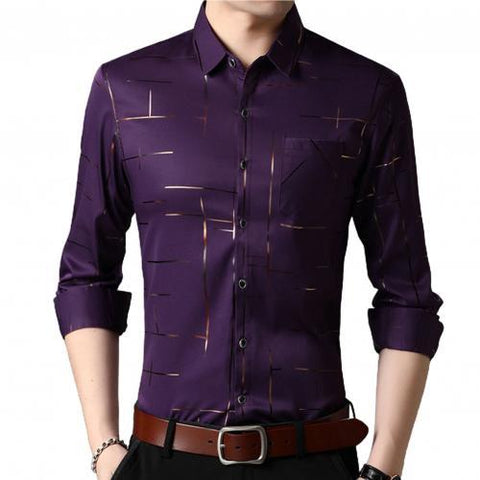 Slim Fit Men's Shirt Dress Long-sleeved Lapel Stripes