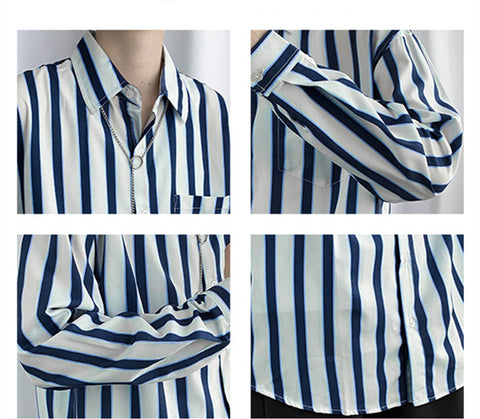 Hong Kong Style Color Block Striped Long-sleeved Shirt