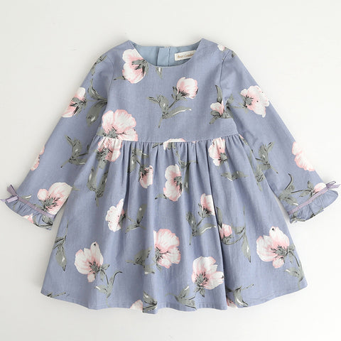 2021 autumn dress, new girl princess dress, full print flower, bow knot long sleeve dress, children's clothing wholesale