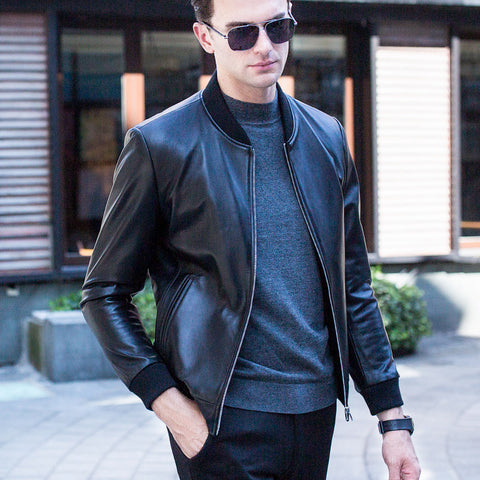 Leather men's baseball collar leather jacket