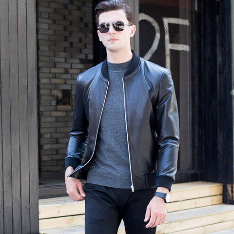 Leather men's baseball collar leather jacket