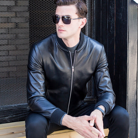 Leather men's baseball collar leather jacket