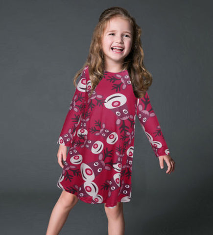 Fashion Casual Santa Printed Long Sleeve Girls Dress