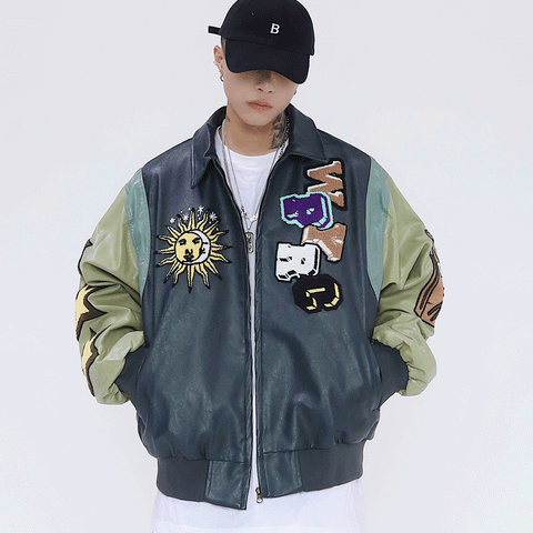 Cartoon Embroidery Contrast Color Stitching PU Leather Jacket Men's